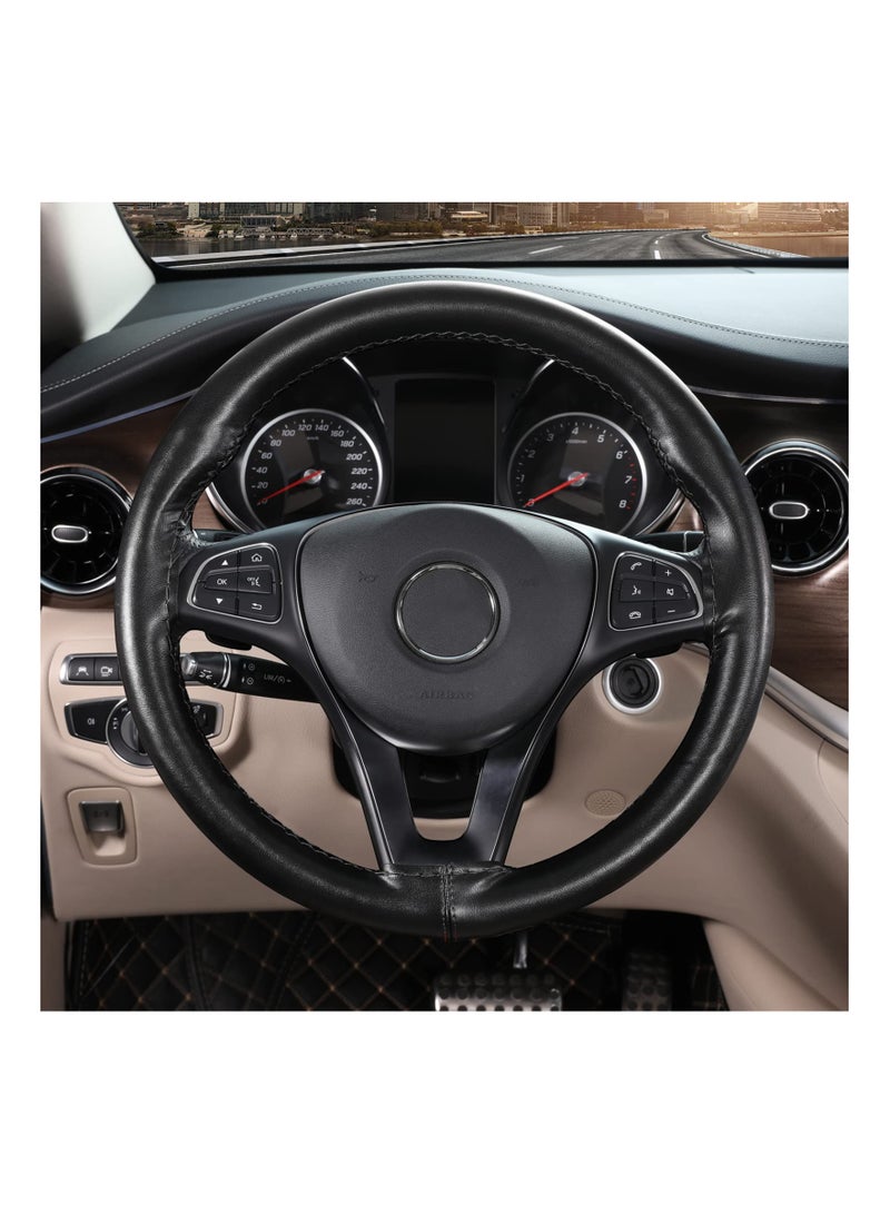 KASTWAVE Genuine Leather Steering Wheel Cover, Stitch On Wrap, for 14 1/2 - 15 inches Round and D-Type Steering Wheels, Black  - Image 2