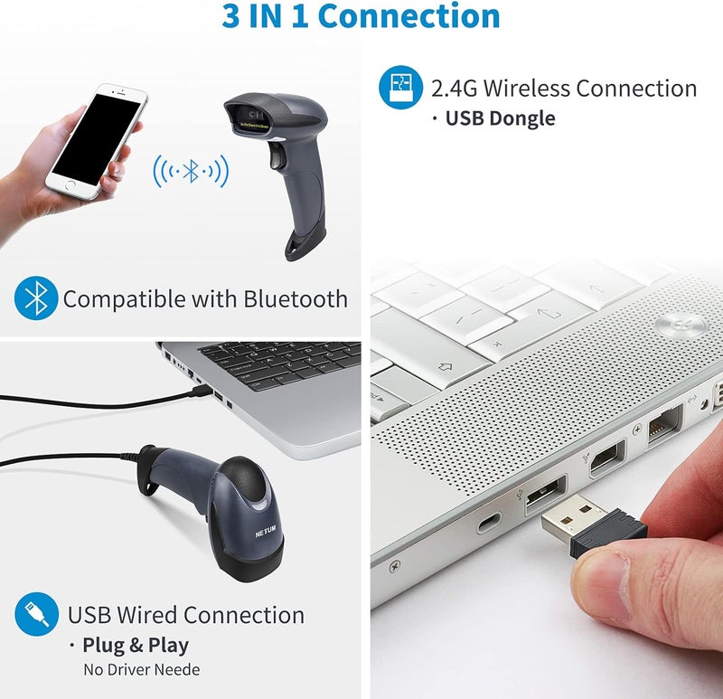NETUM Bluetooth 1D Barcode Scanner with Stand 2.4G Wireless & Bluetooth & Wired CCD Scanner Gun for Supermarket, Store, Warehouse Handheld Bar Code Reader Work with Windows, Mac,Android, iOS -M6S - Image 2