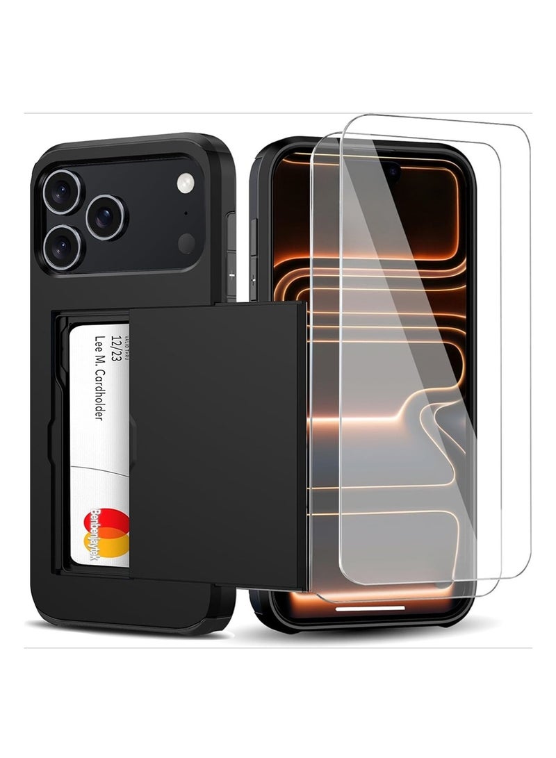 WRISTWISE Case Cover for iPhone 17 Pro with Card Holder + 2 Tempered Glass Screen Protectors Protective Shockproof Hidden Card Slot Slim Case Women Men for iPhone 17 Pro 6.3（Black） - Image 1