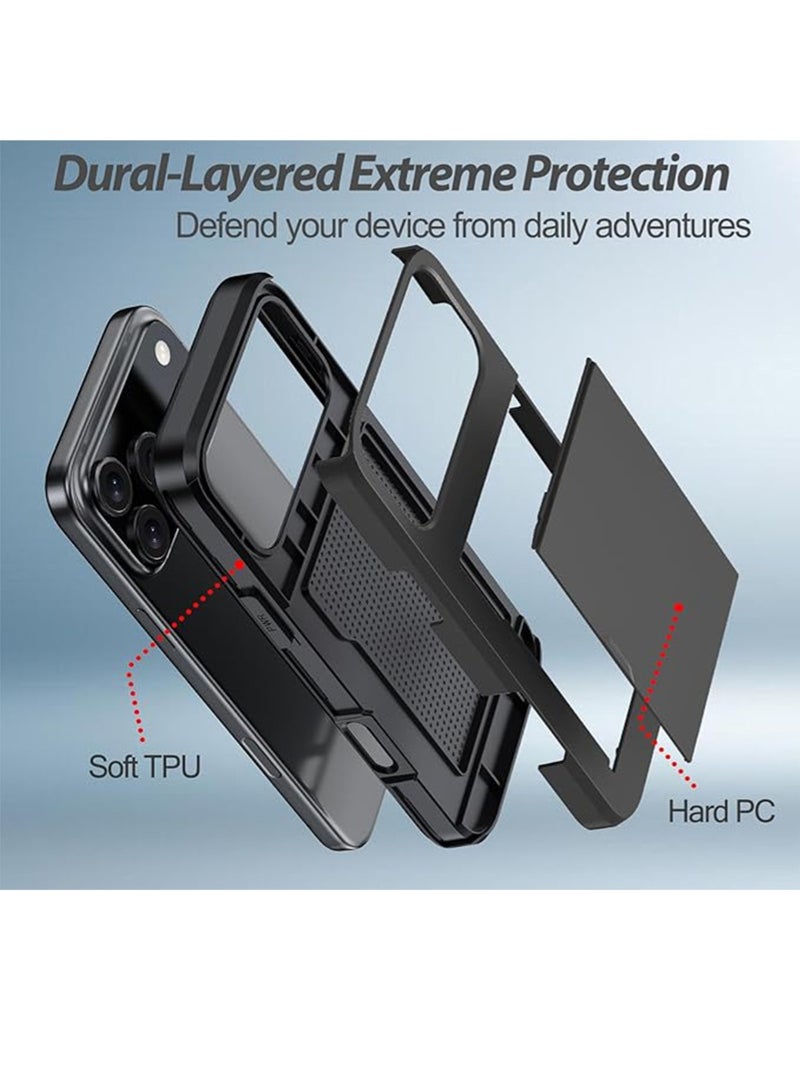 WRISTWISE Case Cover for iPhone 17 Pro with Card Holder + 2 Tempered Glass Screen Protectors Protective Shockproof Hidden Card Slot Slim Case Women Men for iPhone 17 Pro 6.3（Black） - Image 2