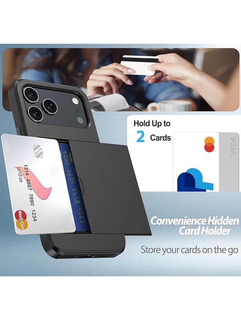 WRISTWISE Case Cover for iPhone 17 Pro with Card Holder + 2 Tempered Glass Screen Protectors Protective Shockproof Hidden Card Slot Slim Case Women Men for iPhone 17 Pro 6.3（Black） - Image 3