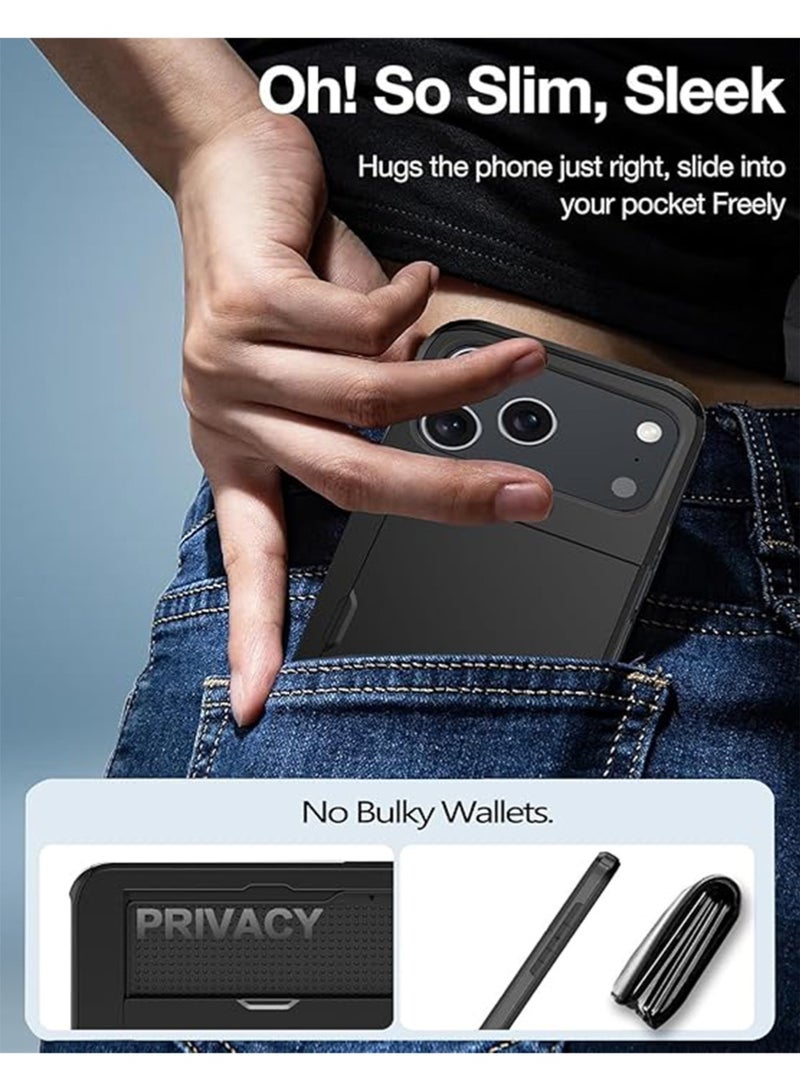 WRISTWISE Case Cover for iPhone 17 Pro with Card Holder + 2 Tempered Glass Screen Protectors Protective Shockproof Hidden Card Slot Slim Case Women Men for iPhone 17 Pro 6.3（Black） - Image 4