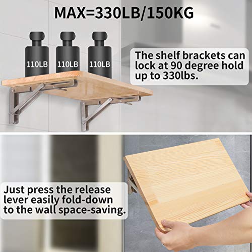 YUMORE Folding Shelf Brackets 16 Inch, Max Load: 330lb Heavy Duty Stainless Steel Collapsible Shelf Bracket for Table Work Bench, Space Saving DIY Bracket, Pack of 2 - Image 4