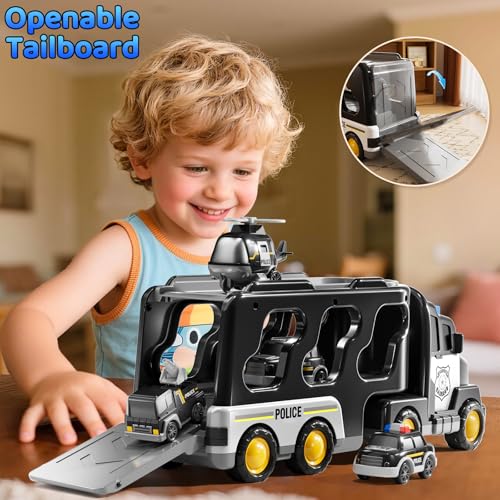 KIZONLY 5 in 1 Police Car Carrier Truck Toy for Kids Ages 48 Police Truck with Light and Sound Transporting Vehicle Boy Trucks Toy Sets Kids Toys 35 Birthday Gifts for Boys Girls Aged 46 57 - Image 5