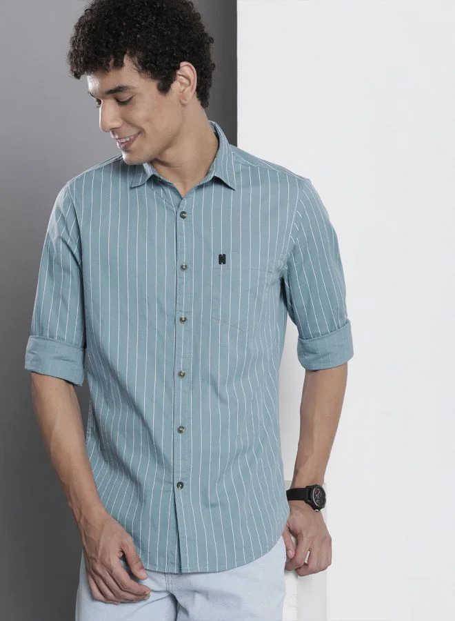 The Indian Garage Co Men Regular Fit STRIPED Full Sleeves Cutaway Collar Casual Shirt