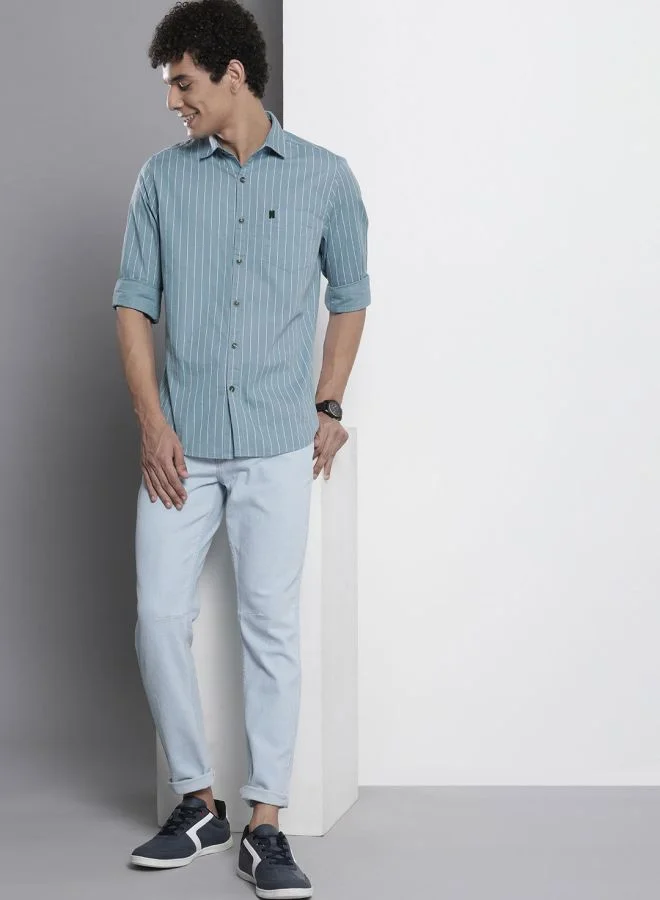 The Indian Garage Co Men Regular Fit STRIPED Full Sleeves Cutaway Collar Casual Shirt