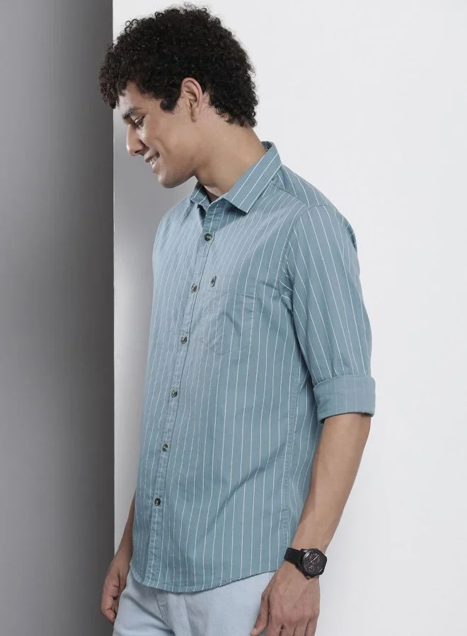 The Indian Garage Co Men Regular Fit STRIPED Full Sleeves Cutaway Collar Casual Shirt