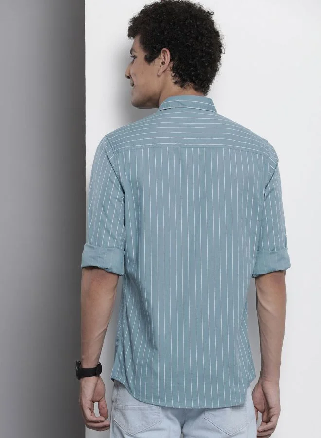 The Indian Garage Co Men Regular Fit STRIPED Full Sleeves Cutaway Collar Casual Shirt