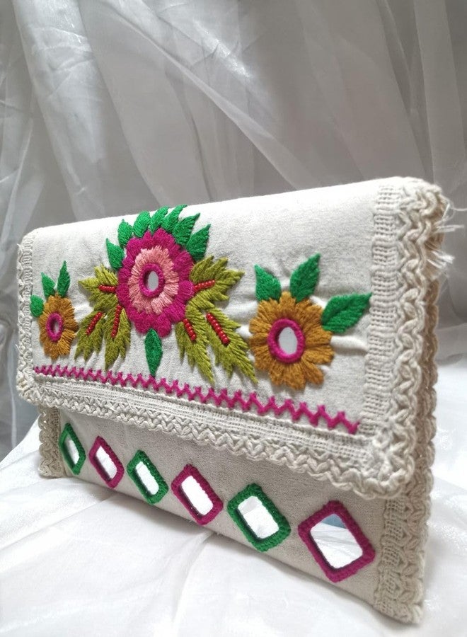 FROWWY Handmade Macrame Women Fashion Bag | Cotton Handbag with Ethnic Rajasthani Embroidery | Sling Clutch with Handle & Crossbody Strap | Wedding Purse for Women (GOTTA FLOWER THREAD WORK) - Image 5