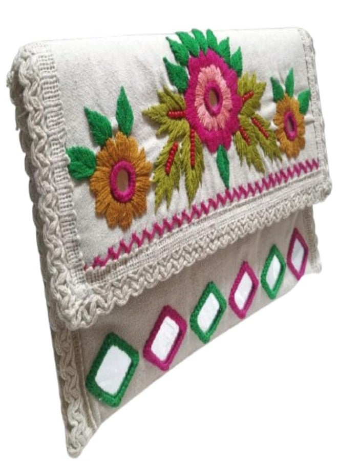 FROWWY Handmade Macrame Women Fashion Bag | Cotton Handbag with Ethnic Rajasthani Embroidery | Sling Clutch with Handle & Crossbody Strap | Wedding Purse for Women (GOTTA FLOWER THREAD WORK) - Image 1