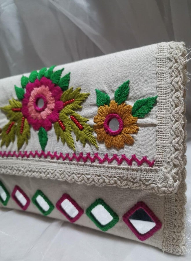 FROWWY Handmade Macrame Women Fashion Bag | Cotton Handbag with Ethnic Rajasthani Embroidery | Sling Clutch with Handle & Crossbody Strap | Wedding Purse for Women (GOTTA FLOWER THREAD WORK) - Image 3