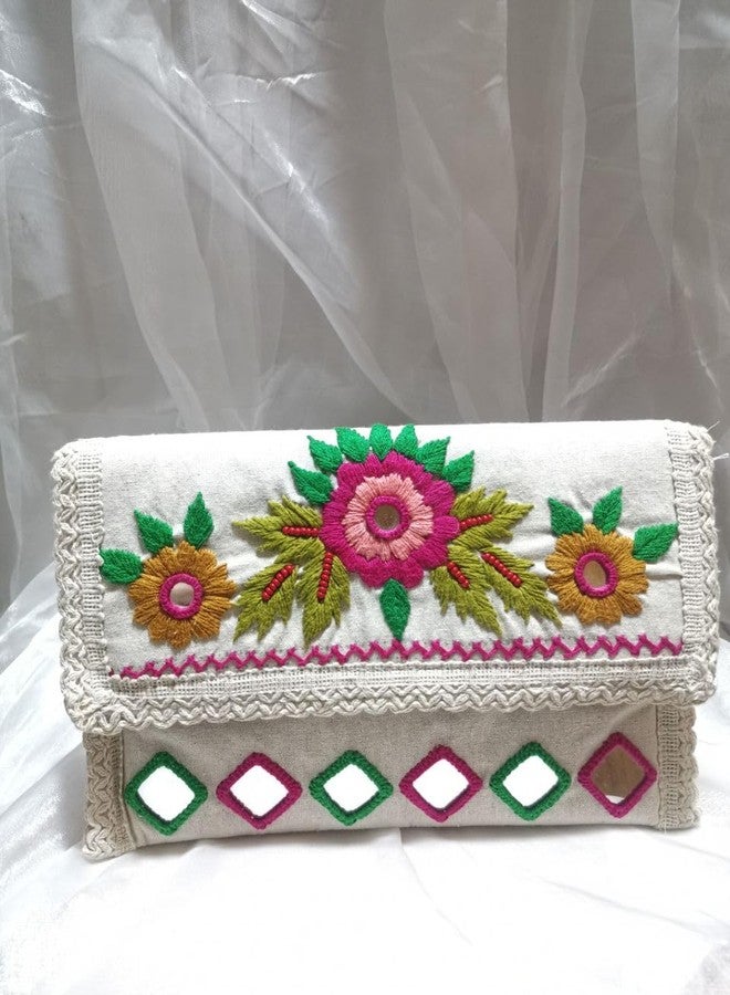 FROWWY Handmade Macrame Women Fashion Bag | Cotton Handbag with Ethnic Rajasthani Embroidery | Sling Clutch with Handle & Crossbody Strap | Wedding Purse for Women (GOTTA FLOWER THREAD WORK) - Image 4