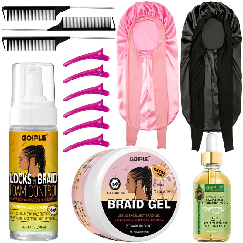 Goiple Extra Hold Braiding Kit  Smoothing Gel for Twists Locs Braids Cornrows High Shine Long Lasting Braid Mousse Foam and Bonnet Tool