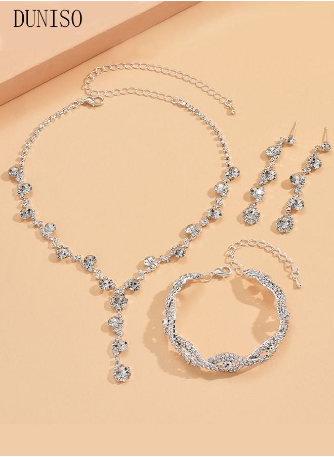 DUNISO 3 Piece Necklace Bracelet and Earrings Set Full Diamond Necklace Pendant Crystal Earrings Wedding Bridal Bridesmaid Costume Jewelry Set for Women and Girls Dress Accessories  - Image 3