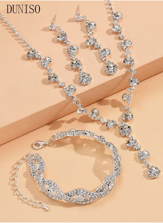 DUNISO 3 Piece Necklace Bracelet and Earrings Set Full Diamond Necklace Pendant Crystal Earrings Wedding Bridal Bridesmaid Costume Jewelry Set for Women and Girls Dress Accessories  - Image 4
