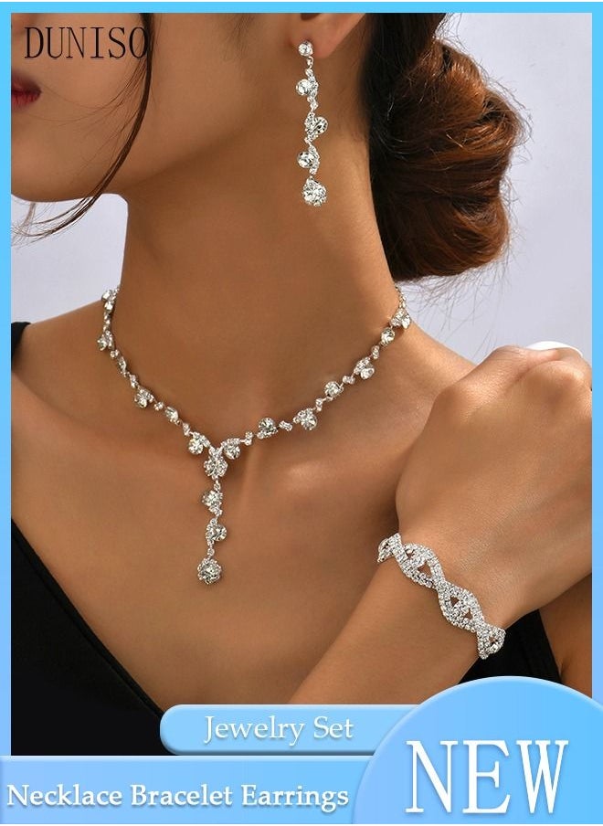 DUNISO 3 Piece Necklace Bracelet and Earrings Set Full Diamond Necklace Pendant Crystal Earrings Wedding Bridal Bridesmaid Costume Jewelry Set for Women and Girls Dress Accessories  - Image 1