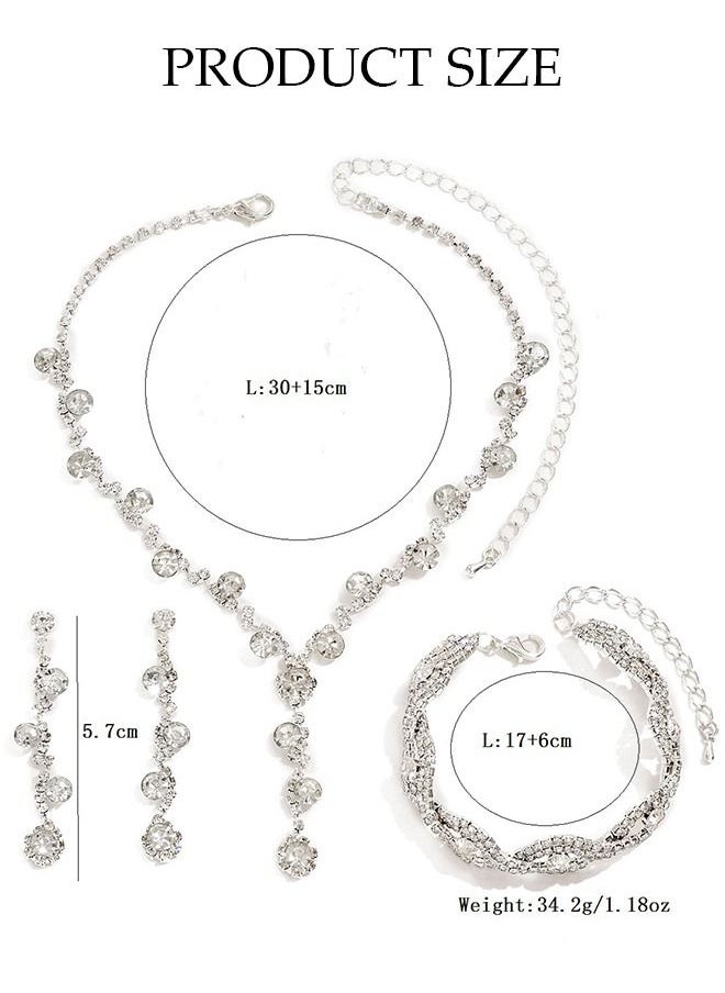 DUNISO 3 Piece Necklace Bracelet and Earrings Set Full Diamond Necklace Pendant Crystal Earrings Wedding Bridal Bridesmaid Costume Jewelry Set for Women and Girls Dress Accessories  - Image 2
