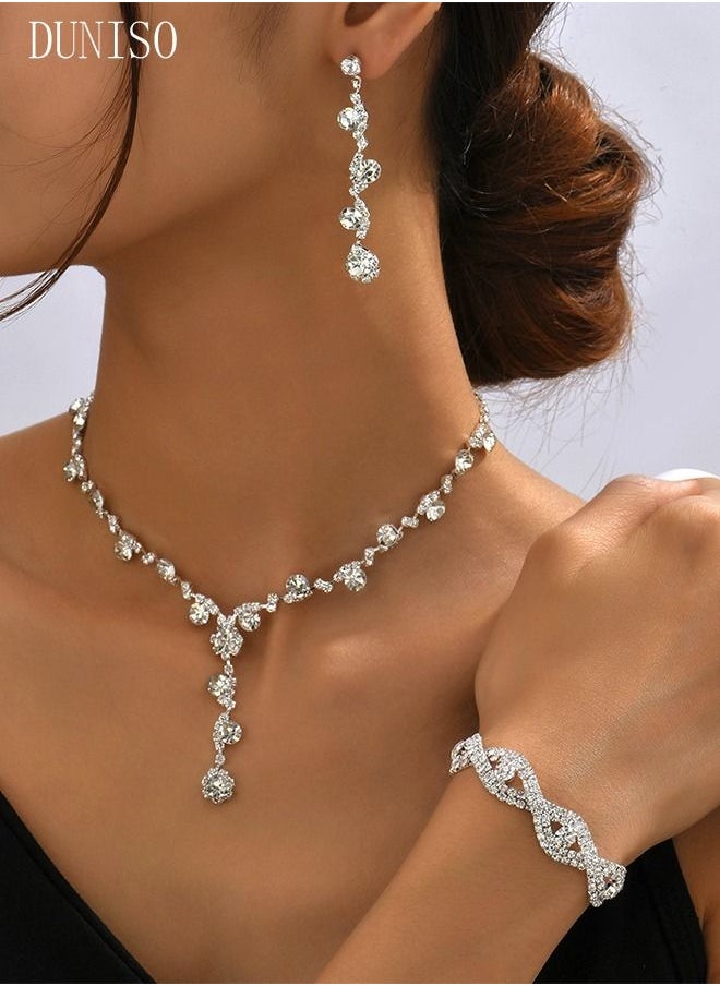 DUNISO 3 Piece Necklace Bracelet and Earrings Set Full Diamond Necklace Pendant Crystal Earrings Wedding Bridal Bridesmaid Costume Jewelry Set for Women and Girls Dress Accessories  - Image 5