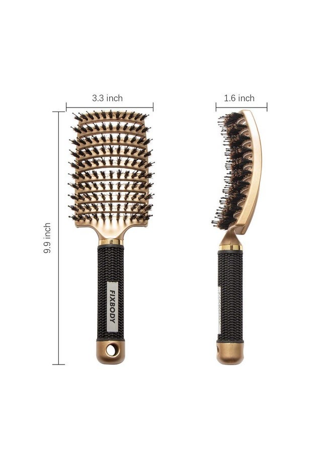 FIXBODY Boar Bristle Hair Brush - Curved & Vented & Oversize Design Detangling Hair Brush For Women Long, Thick, Curly And Tangled Hair Blow Drying Brush (Gold) 