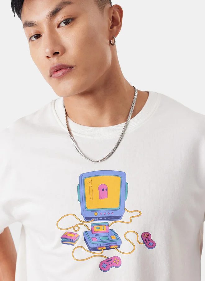 The Souled Store  Retro Gamer Oversized Fit Printed White T-Shirt  | Best Price UAE