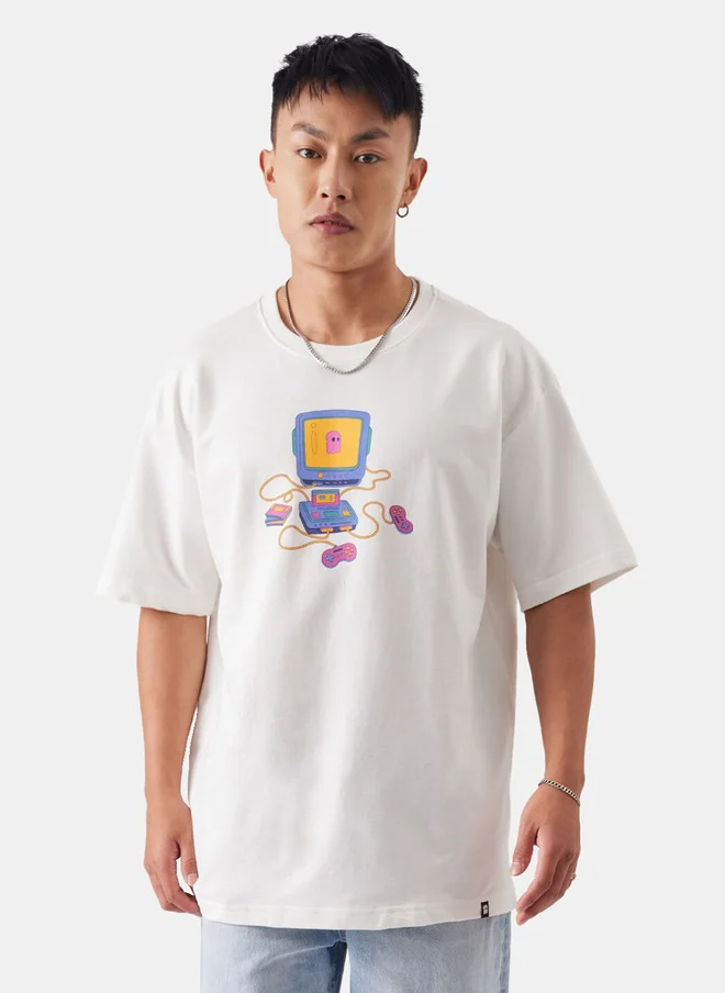 Retro Gamer Oversized Fit Printed White T-Shirt