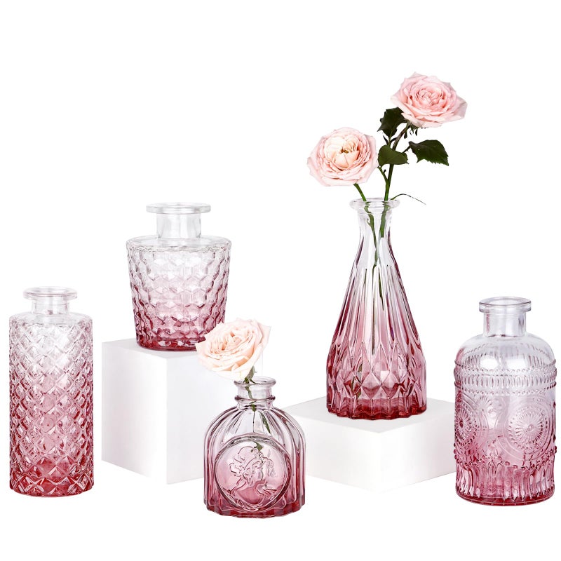TBWIND Pink Day Glass Bud Vase Set of 5, Small Flower Vases for Centerpieces in Bulk, Mini Vintage Vase for Wedding Decor, Single Flowers, and Home Table DÃ©cor - Image 1