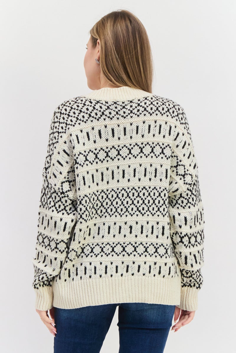 Black Tape Women V-Neck Pointelle Sweater, Cream  - Image 3