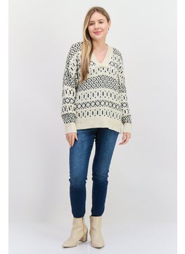 Black Tape Women V-Neck Pointelle Sweater, Cream  - Image 4
