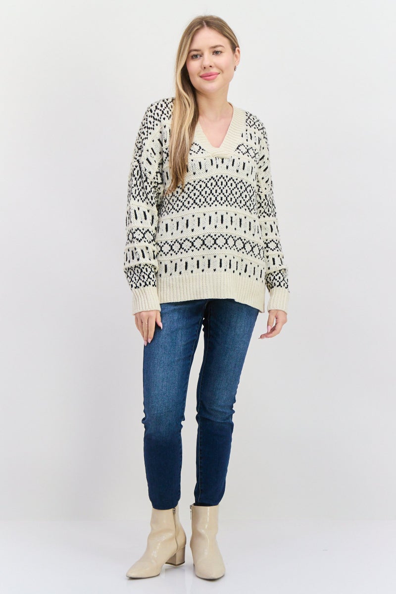 Black Tape Women V-Neck Pointelle Sweater, Cream  - Image 4