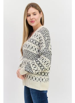 Black Tape Women V-Neck Pointelle Sweater, Cream  - Image 2