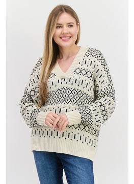 Black Tape Women V-Neck Pointelle Sweater, Cream  - Image 1
