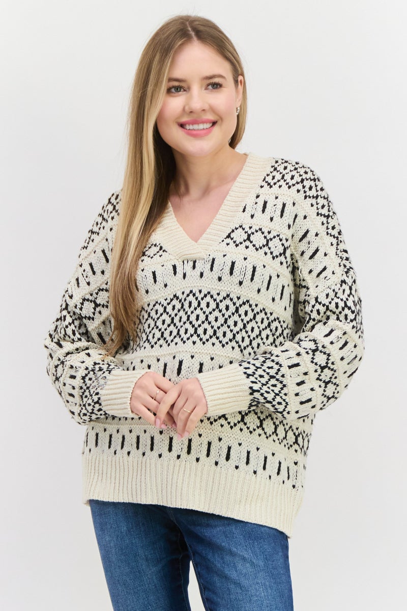 Black Tape Women V-Neck Pointelle Sweater, Cream  - Image 1