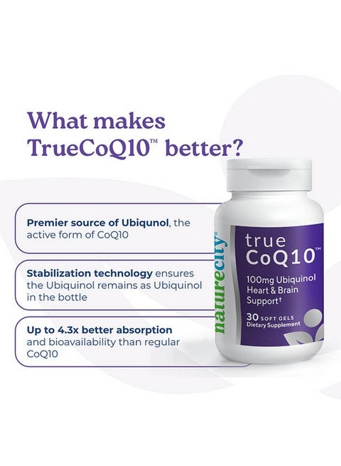 NatureCity True-CoQ10 Ubiquinol 100mg مكمل غذائي عالي الامتصاص ومستقر من Kaneka QH CoQ10 للقلب والدماغ والطاقة الخلوية - (30 كبسولة هلامية ناعمة) CoQ10 نشط مثل Ubiquinol