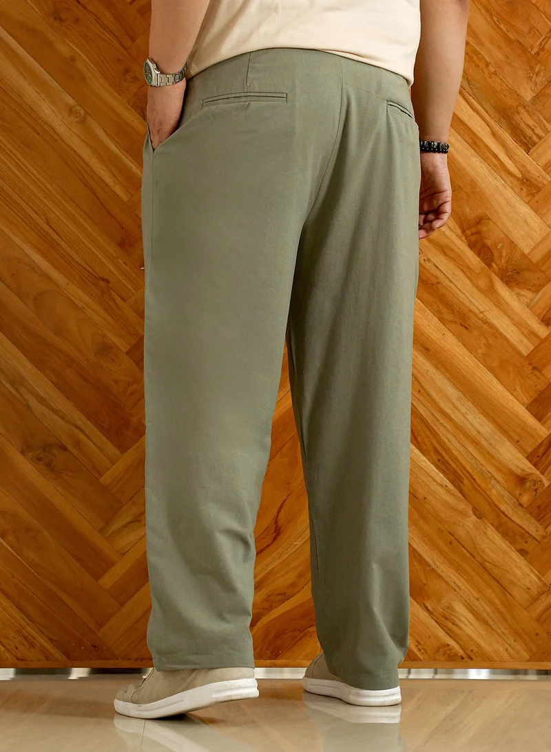 Instafab Plus Instafab Plus Men's Olive Green Linen-Blend Cigrette Trousers For Casual Wear | Mid-Rise | Regular Fit | Button Closure | Plus Size Trousers Crafted With Comfort Fit For Everyday Wear