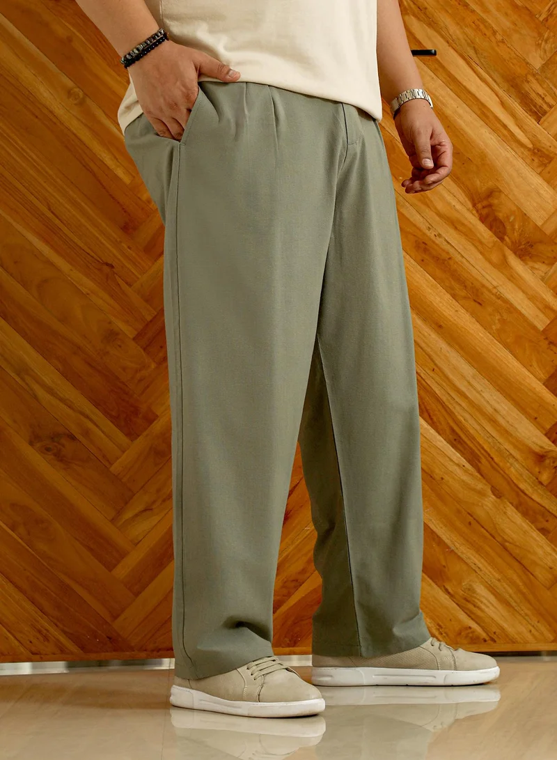Instafab Plus Instafab Plus Men's Olive Green Linen-Blend Cigrette Trousers For Casual Wear | Mid-Rise | Regular Fit | Button Closure | Plus Size Trousers Crafted With Comfort Fit For Everyday Wear