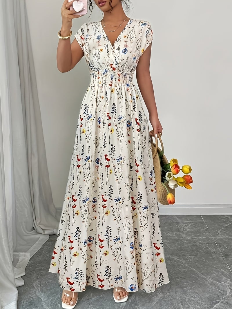 Women's New Printed Waist-cinching Elegant V-neck Long Dress, Suitable for Spring and Summer - Image 3