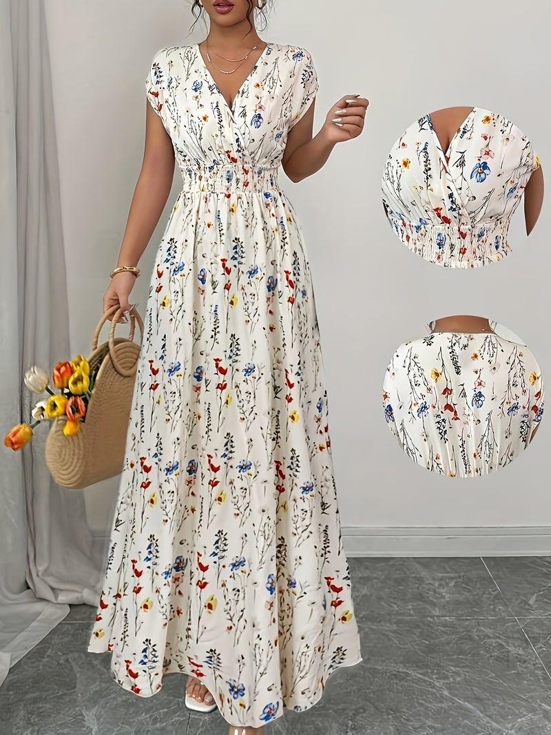 Women's New Printed Waist-cinching Elegant V-neck Long Dress, Suitable for Spring and Summer - Image 2