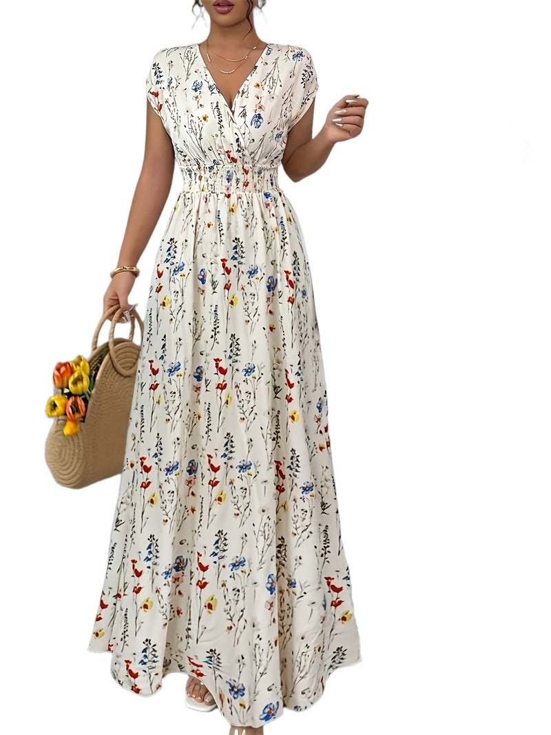 Women's New Printed Waist-cinching Elegant V-neck Long Dress, Suitable for Spring and Summer - Image 1