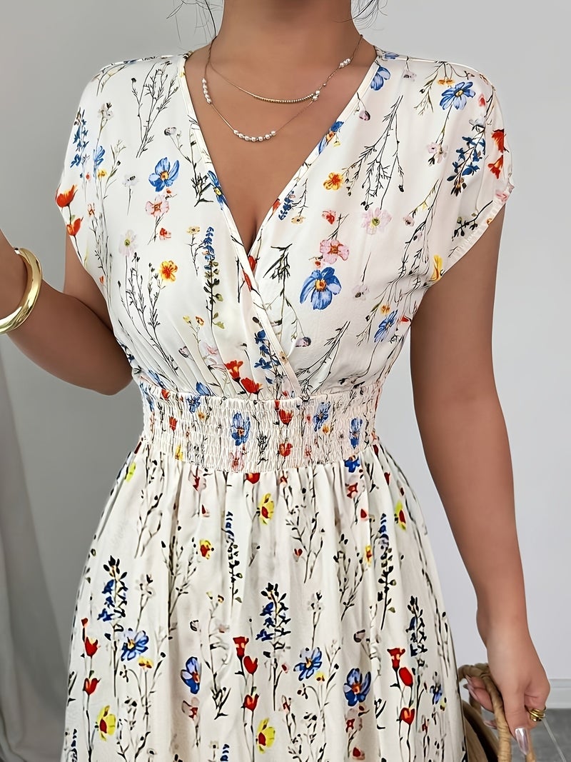 Women's New Printed Waist-cinching Elegant V-neck Long Dress, Suitable for Spring and Summer - Image 5
