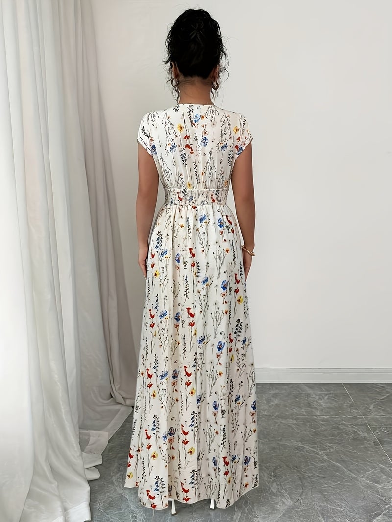Women's New Printed Waist-cinching Elegant V-neck Long Dress, Suitable for Spring and Summer - Image 4