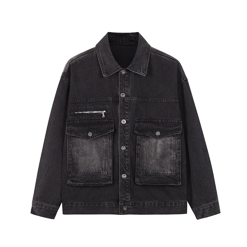 Supply American Retro Lapel Workwear Black Jacket Loose Denim Short Jacket Men'S Style - Image 1