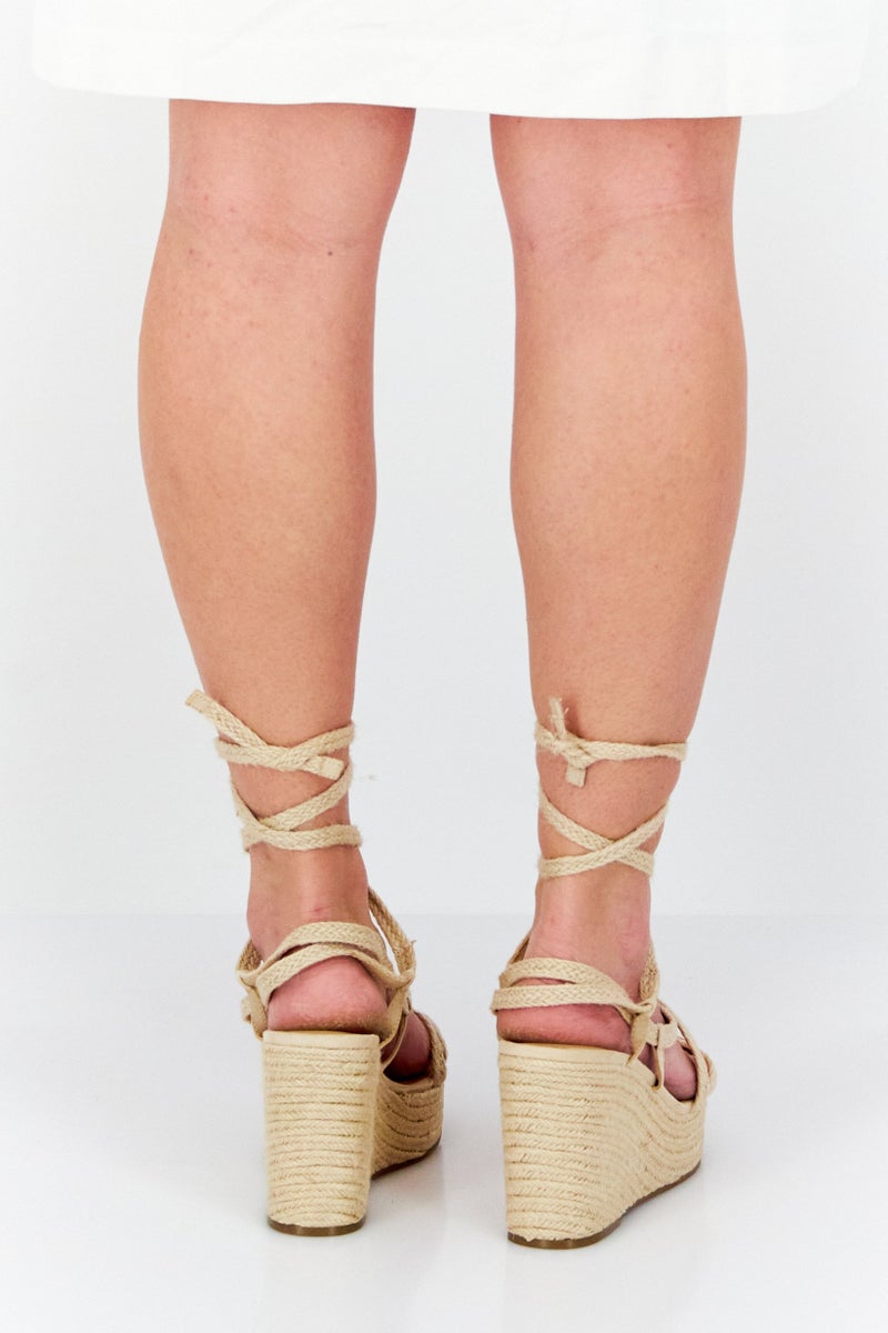 Sun Stone Women Tie Closure Open Toe Wedge, Beige - Image 3