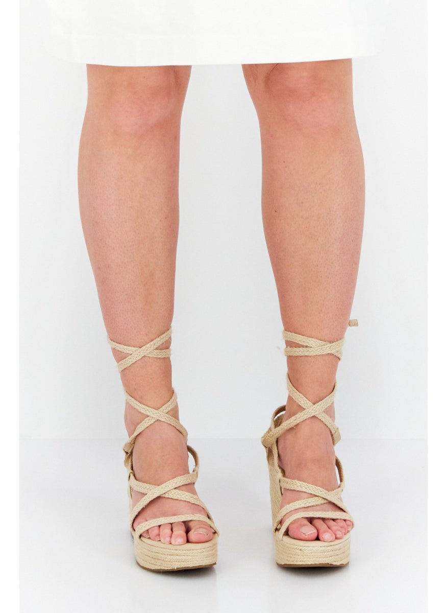 Sun Stone Women Tie Closure Open Toe Wedge, Beige  - Image 1