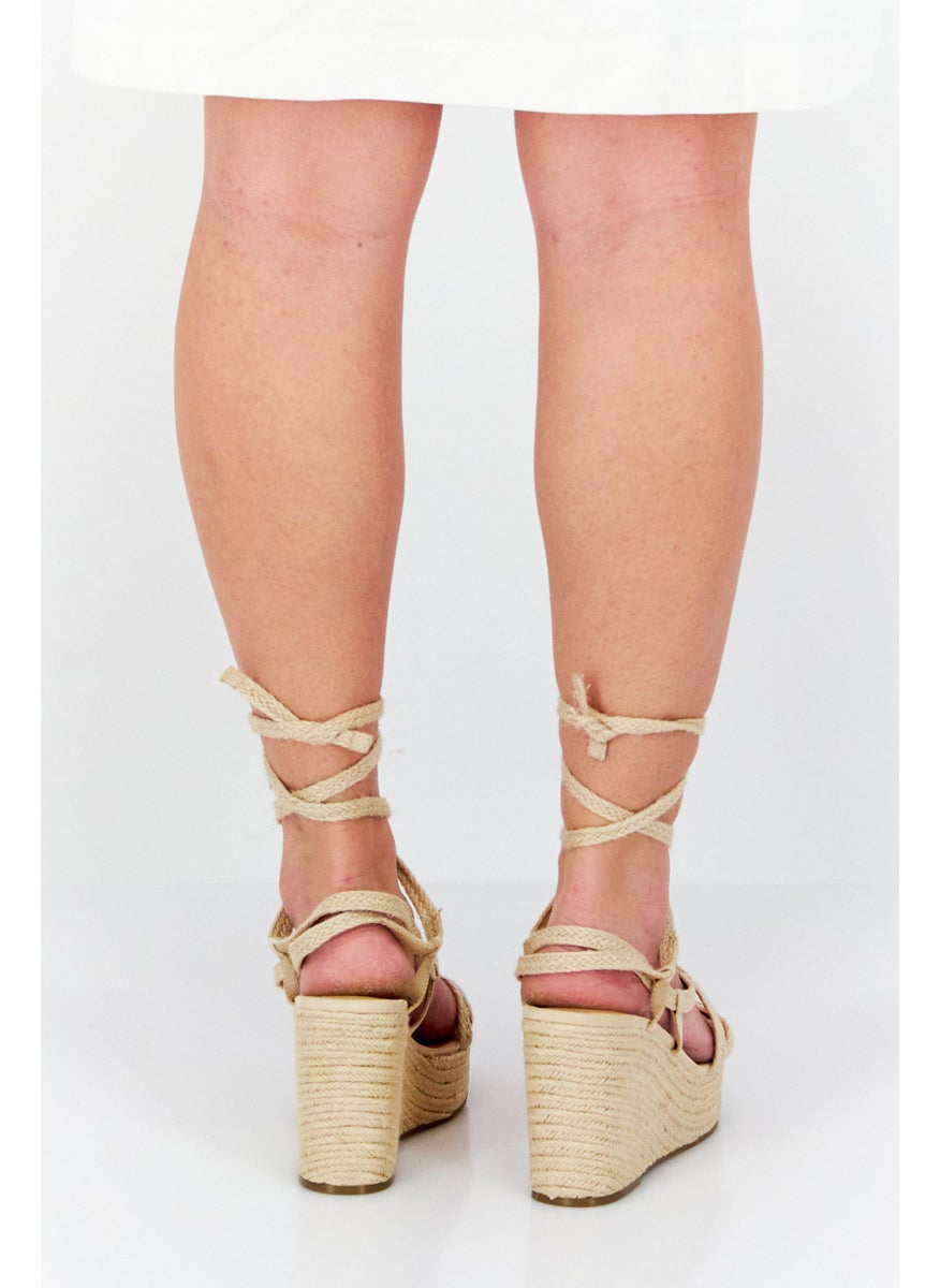 Sun Stone Women Tie Closure Open Toe Wedge, Beige  - Image 3
