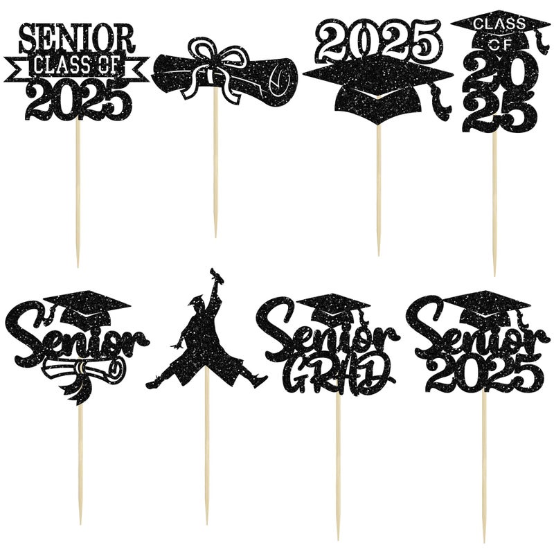 Ephlyn 24Pcs Graduation Cupcake Toppers Glitter Senior Class of 2025 Cake Toppers Diploma Grad Cap Cupcake Picks 2025 for Grade Graduation Party Supplies Black - Image 3