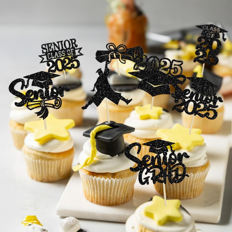 Ephlyn 24Pcs Graduation Cupcake Toppers Glitter Senior Class of 2025 Cake Toppers Diploma Grad Cap Cupcake Picks 2025 for Grade Graduation Party Supplies Black - Image 4