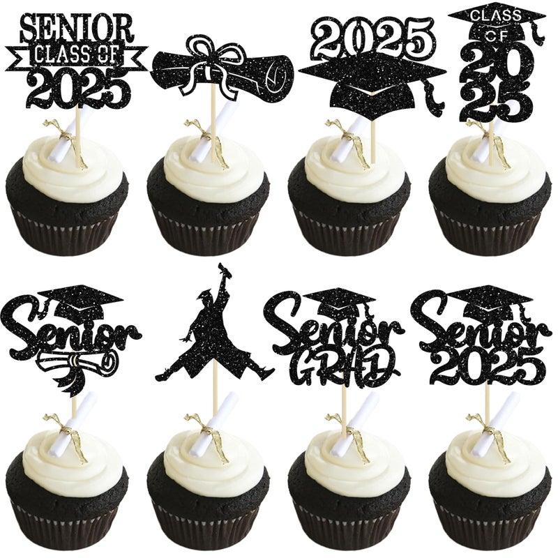 Ephlyn 24Pcs Graduation Cupcake Toppers Glitter Senior Class of 2025 Cake Toppers Diploma Grad Cap Cupcake Picks 2025 for Grade Graduation Party Supplies Black - Image 1