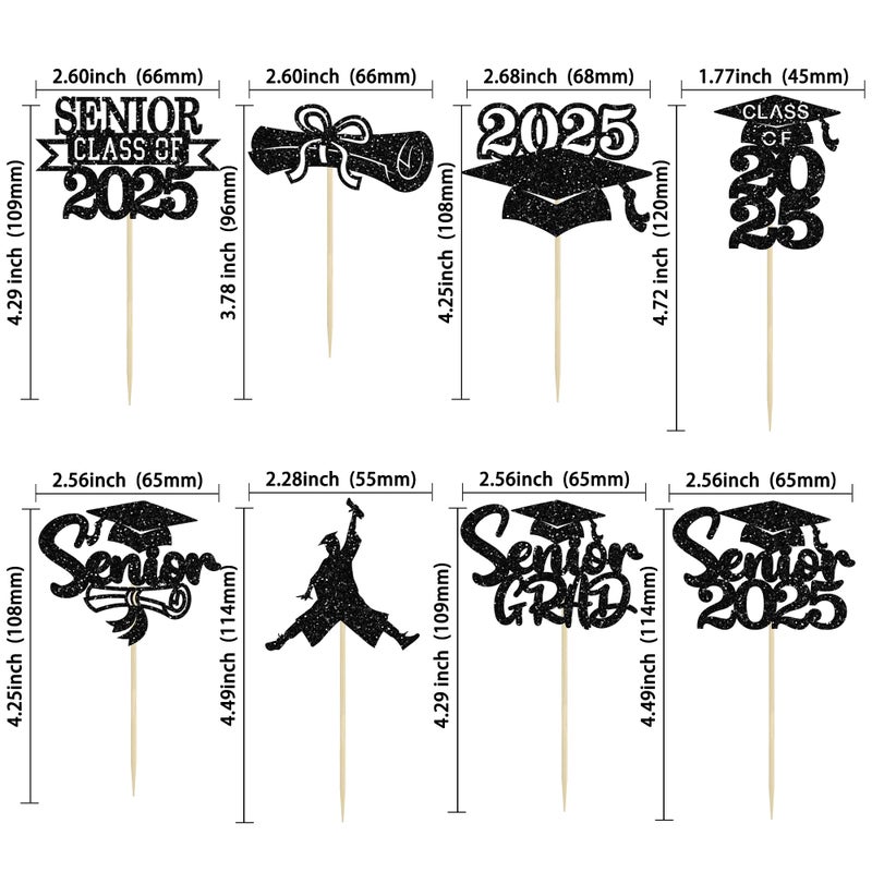 Ephlyn 24Pcs Graduation Cupcake Toppers Glitter Senior Class of 2025 Cake Toppers Diploma Grad Cap Cupcake Picks 2025 for Grade Graduation Party Supplies Black - Image 2