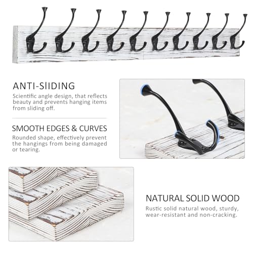IBosins 34'' Coat Rack Wall Mount with 10 Tri-Hooks, Heavy Duty, Vintage White Color Wood Coat Hanger, Rustic Coat Hooks Rail for Entryway Living Room Coat Scarf Bag Towel Hat - Image 2