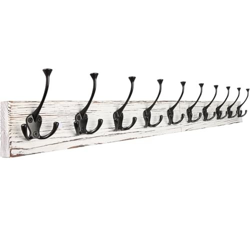 IBosins 34'' Coat Rack Wall Mount with 10 Tri-Hooks, Heavy Duty, Vintage White Color Wood Coat Hanger, Rustic Coat Hooks Rail for Entryway Living Room Coat Scarf Bag Towel Hat - Image 1